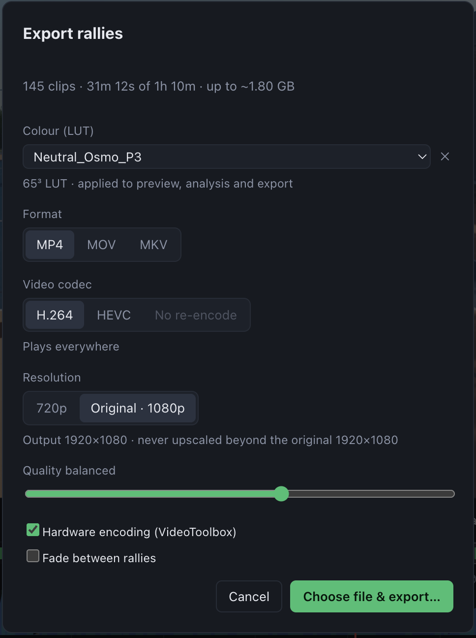 Export options: LUT, format, codec, resolution and quality