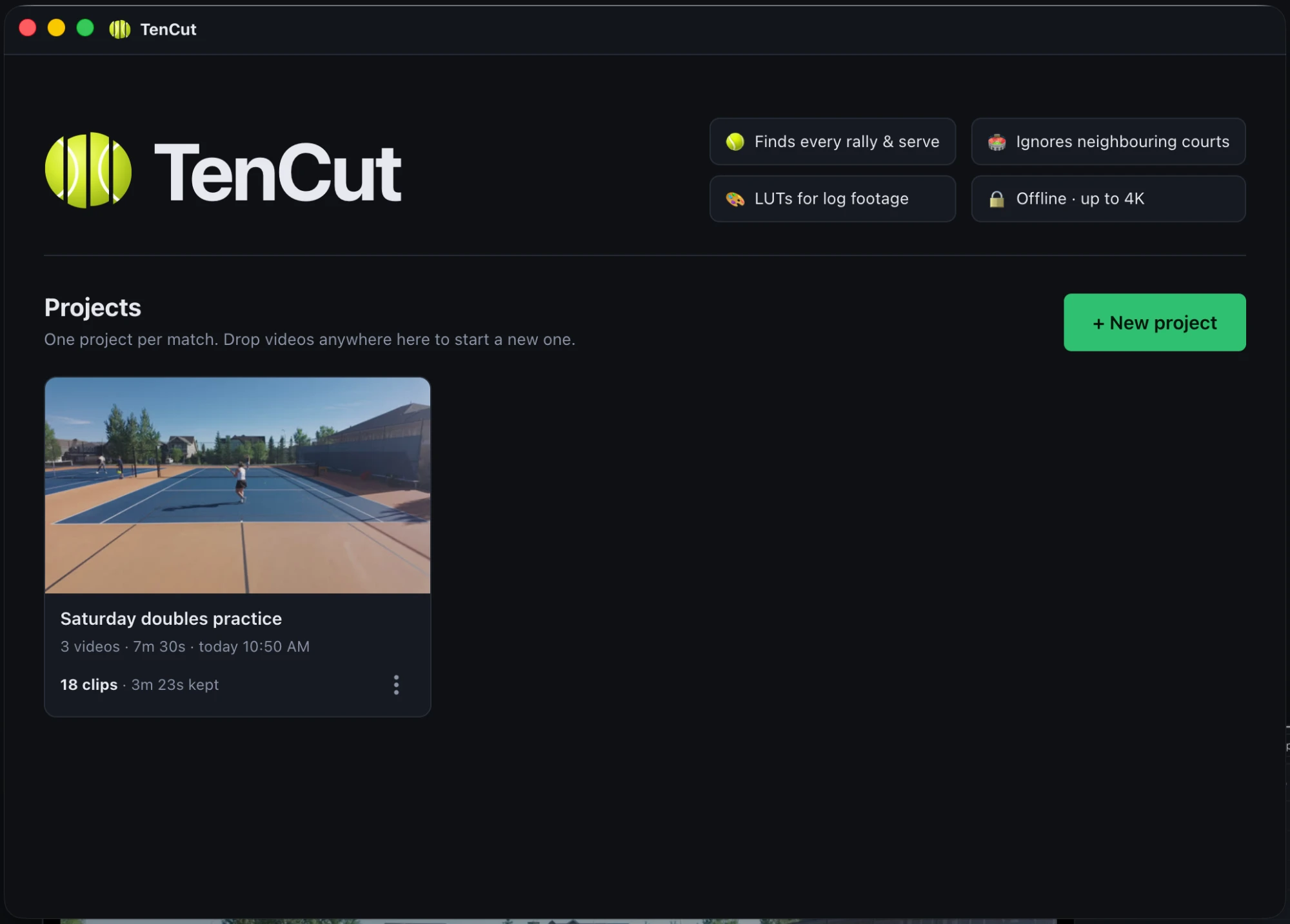 TenCut home screen with the list of projects