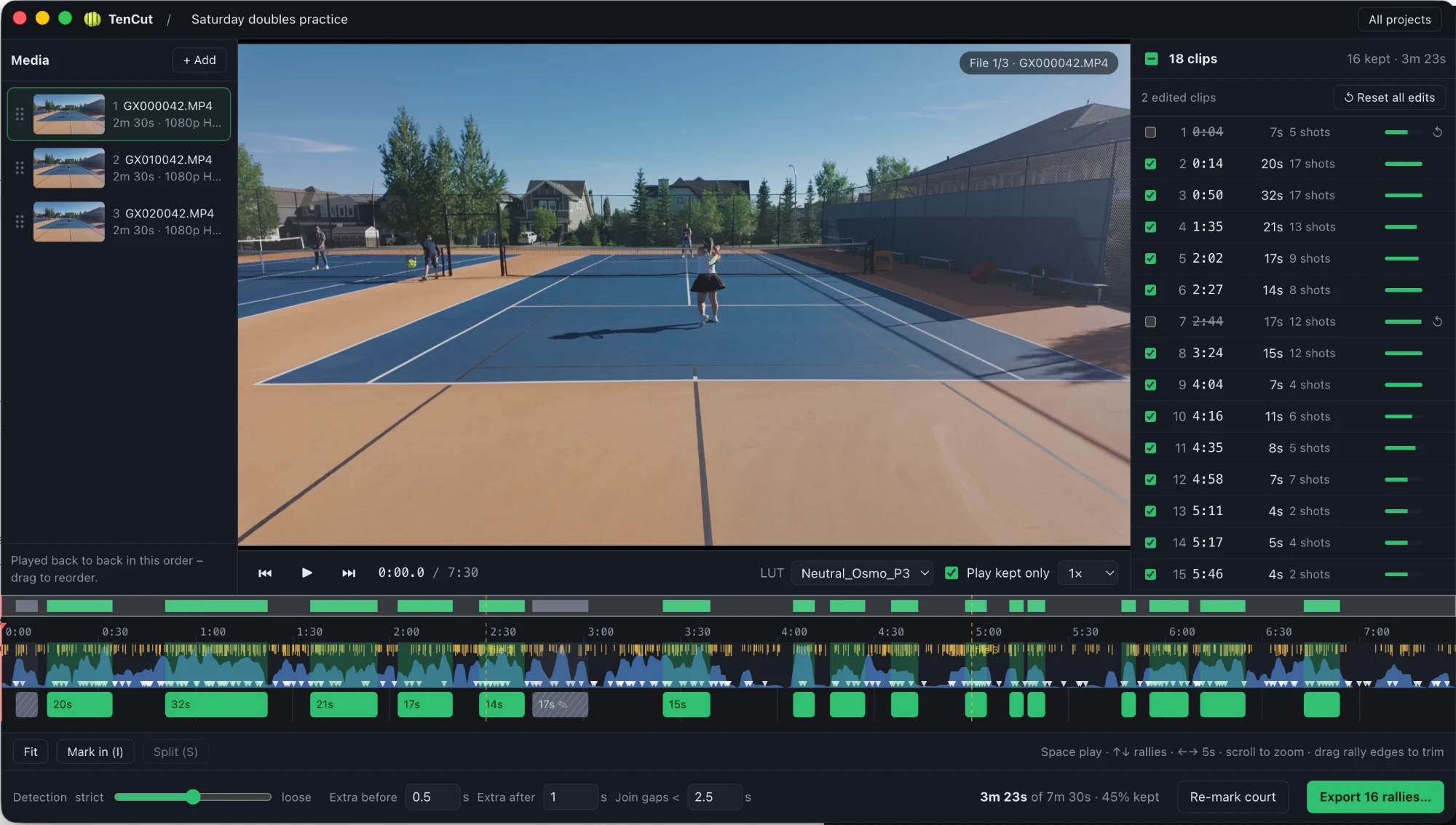 TenCut editor: media panel with the match's recordings, video player, list of detected clips and timeline